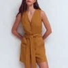 Laura V-neck Linen Playsuit Gingerbread Laura V-neck Linen Playsuit Gingerbread