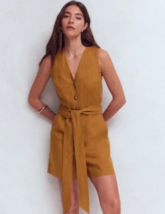 Laura V-neck Linen Playsuit Gingerbread