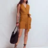 Laura V-neck Linen Playsuit Gingerbread Laura V-neck Linen Playsuit Gingerbread