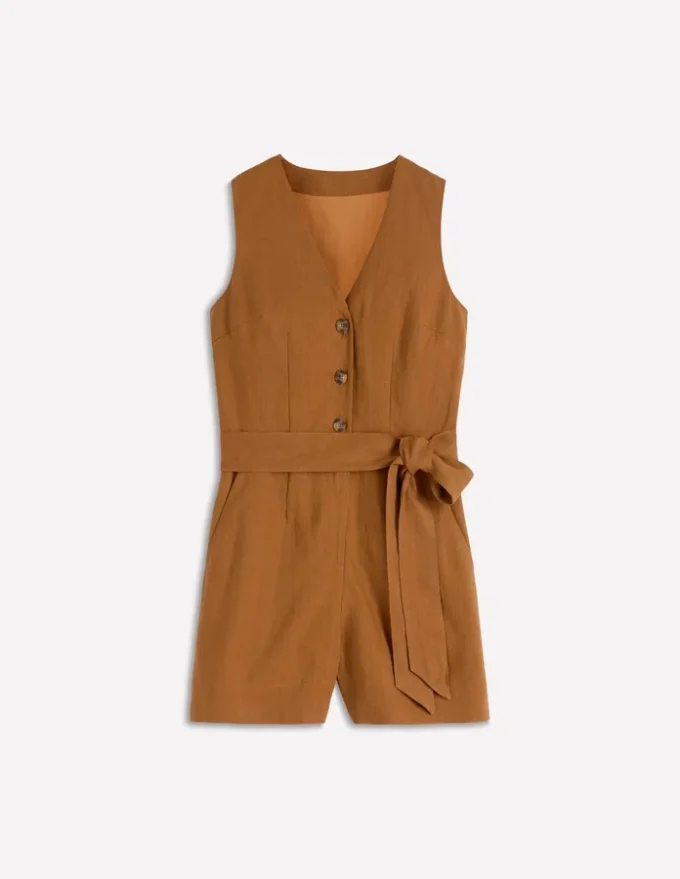 Laura V-neck Linen Playsuit Gingerbread Laura V-neck Linen Playsuit Gingerbread