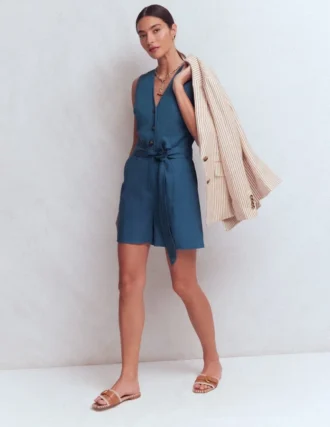 Laura V-neck Linen Playsuit Tourmaline Blue