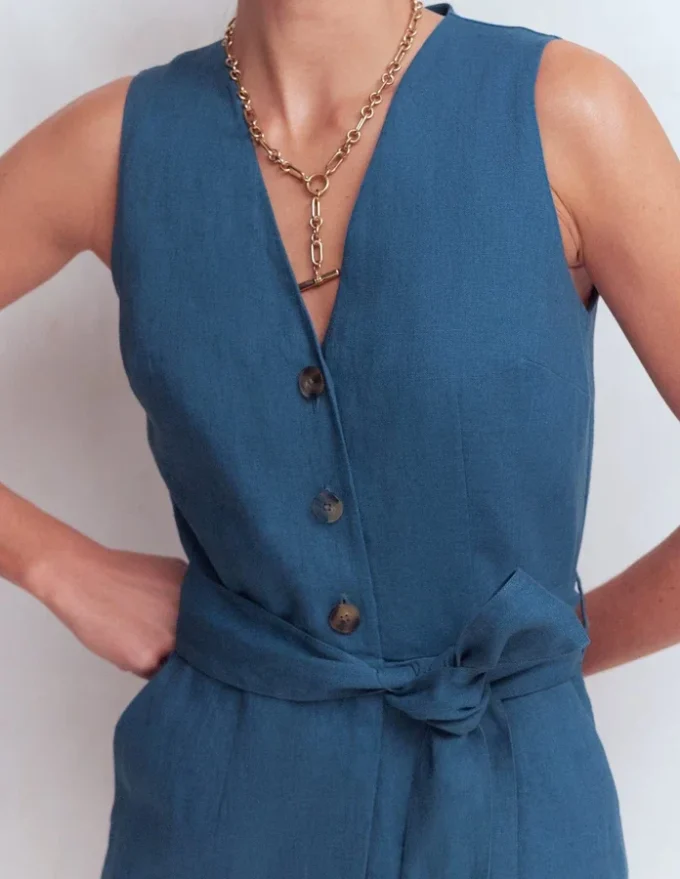 Laura V-neck Linen Playsuit Tourmaline Blue
