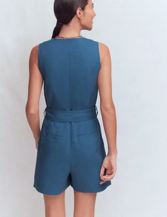 Laura V-neck Linen Playsuit Tourmaline Blue