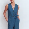 Laura V-neck Linen Playsuit Tourmaline Blue