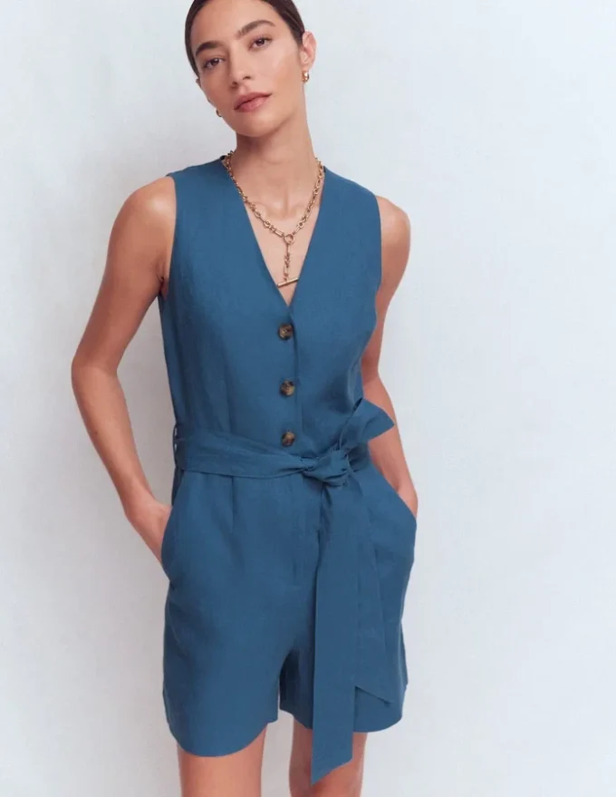 Laura V-neck Linen Playsuit Tourmaline Blue