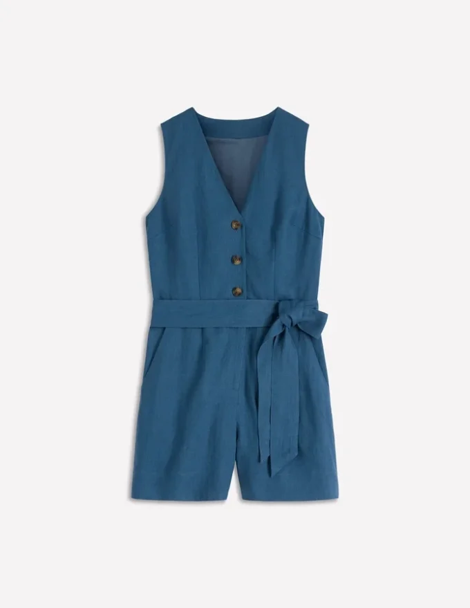 Laura V-neck Linen Playsuit Tourmaline Blue