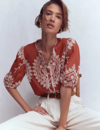 Leah Short Sleeve Interest Top Red Floral Embroidery