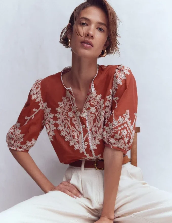 Leah Short Sleeve Interest Top Red Floral Embroidery Leah Short Sleeve Interest Top Red Floral Embroidery