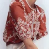 Leah Short Sleeve Interest Top Red Floral Embroidery Leah Short Sleeve Interest Top Red Floral Embroidery
