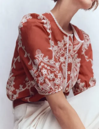 Leah Short Sleeve Interest Top Red Floral Embroidery