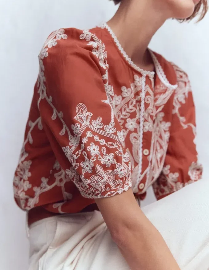 Leah Short Sleeve Interest Top Red Floral Embroidery Leah Short Sleeve Interest Top Red Floral Embroidery