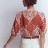 Leah Short Sleeve Interest Top Red Floral Embroidery Leah Short Sleeve Interest Top Red Floral Embroidery