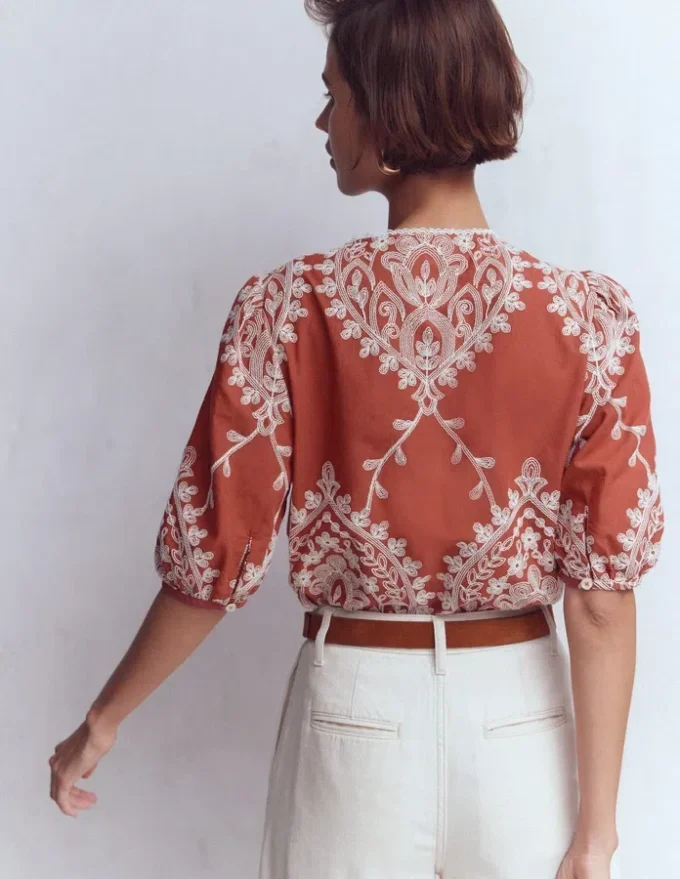 Leah Short Sleeve Interest Top Red Floral Embroidery Leah Short Sleeve Interest Top Red Floral Embroidery