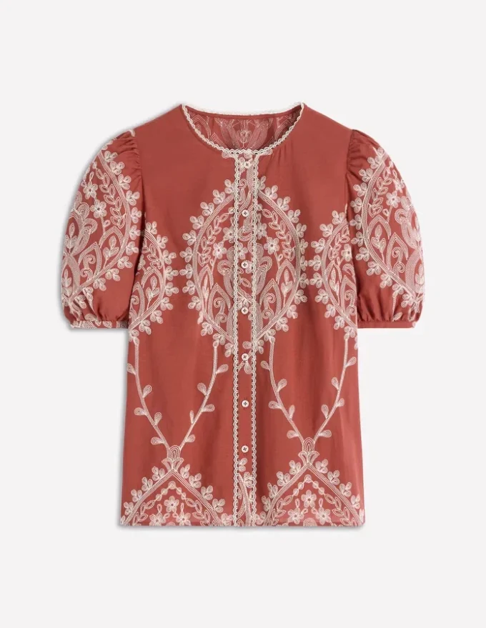 Leah Short Sleeve Interest Top Red Floral Embroidery Leah Short Sleeve Interest Top Red Floral Embroidery