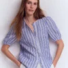 Leah Short Sleeve Linen Top Bright Blue Varigated Stripe Leah Short Sleeve Linen Top Bright Blue Varigated Stripe