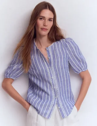 Leah Short Sleeve Linen Top Bright Blue Varigated Stripe