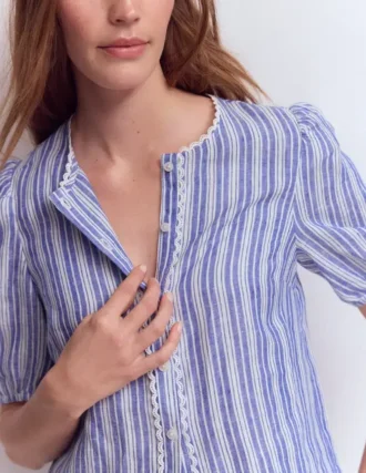 Leah Short Sleeve Linen Top Bright Blue Varigated Stripe