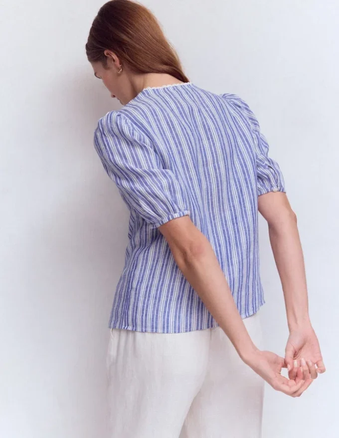 Leah Short Sleeve Linen Top Bright Blue Varigated Stripe Leah Short Sleeve Linen Top Bright Blue Varigated Stripe