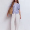 Leah Short Sleeve Linen Top Bright Blue Varigated Stripe Leah Short Sleeve Linen Top Bright Blue Varigated Stripe