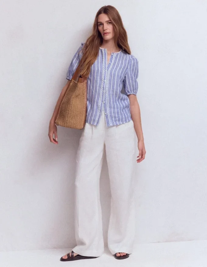 Leah Short Sleeve Linen Top Bright Blue Varigated Stripe Leah Short Sleeve Linen Top Bright Blue Varigated Stripe