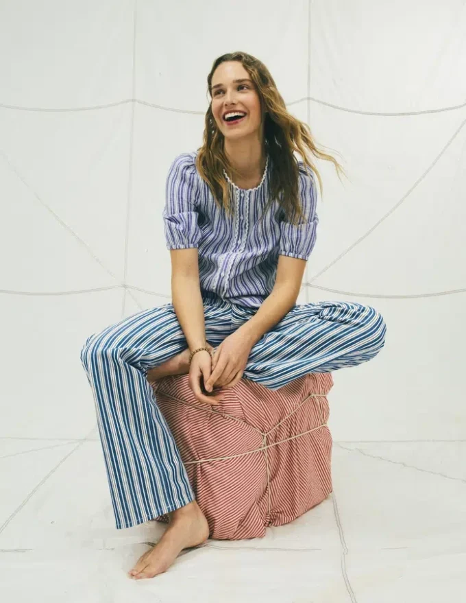 Leah Short Sleeve Linen Top Bright Blue Varigated Stripe Leah Short Sleeve Linen Top Bright Blue Varigated Stripe