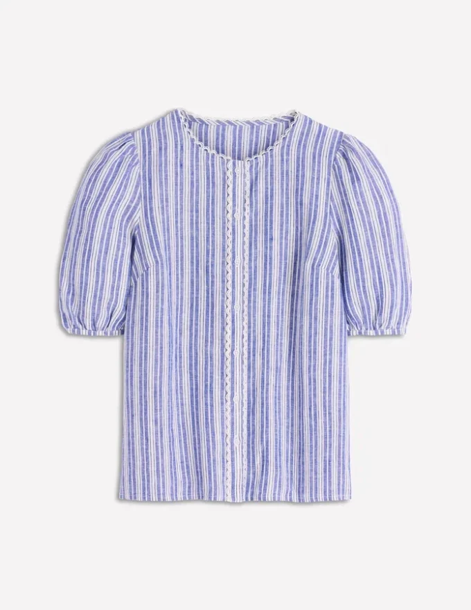 Leah Short Sleeve Linen Top Bright Blue Varigated Stripe Leah Short Sleeve Linen Top Bright Blue Varigated Stripe