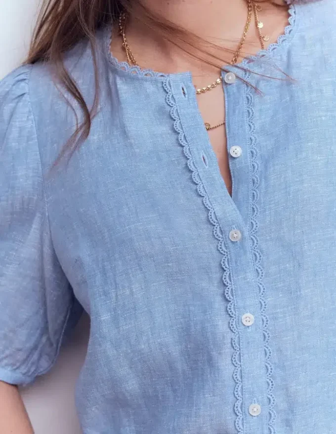 Leah Short Sleeve Linen Top Chambray Leah Short Sleeve Linen Top Chambray