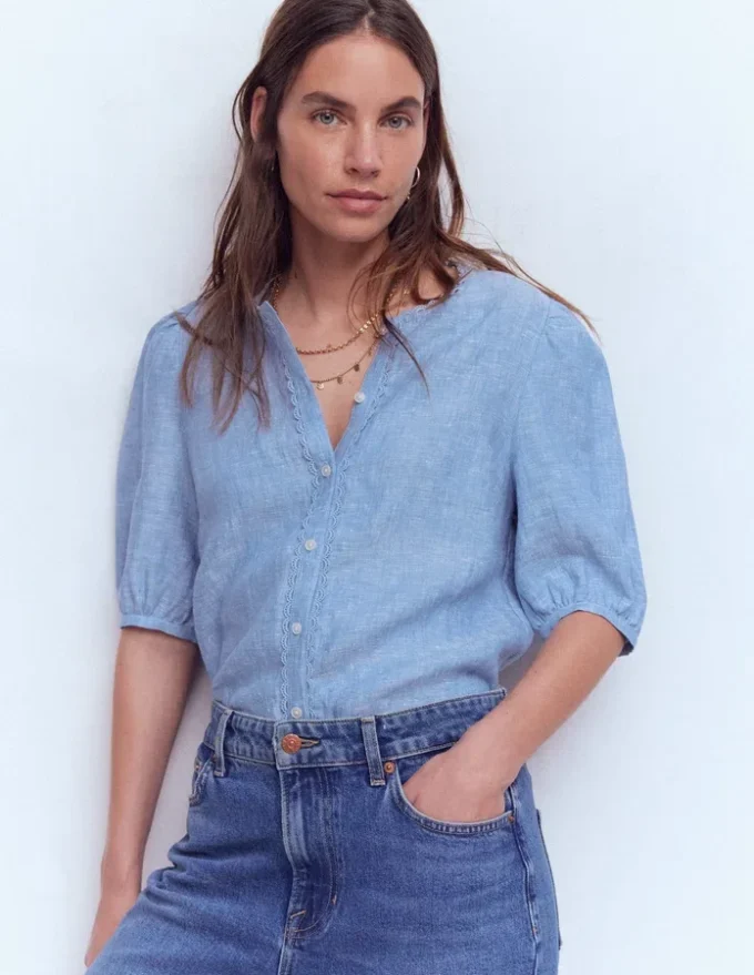 Leah Short Sleeve Linen Top Chambray Leah Short Sleeve Linen Top Chambray