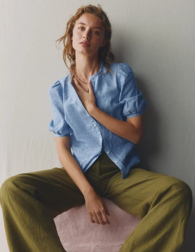 Leah Short Sleeve Linen Top Chambray Leah Short Sleeve Linen Top Chambray