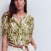 Leah Short Sleeve Linen Top Green, Decorative Lattice Leah Short Sleeve Linen Top Green, Decorative Lattice