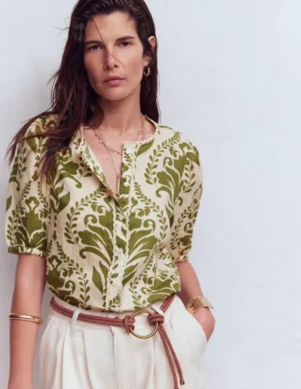 Leah Short Sleeve Linen Top Green, Decorative Lattice