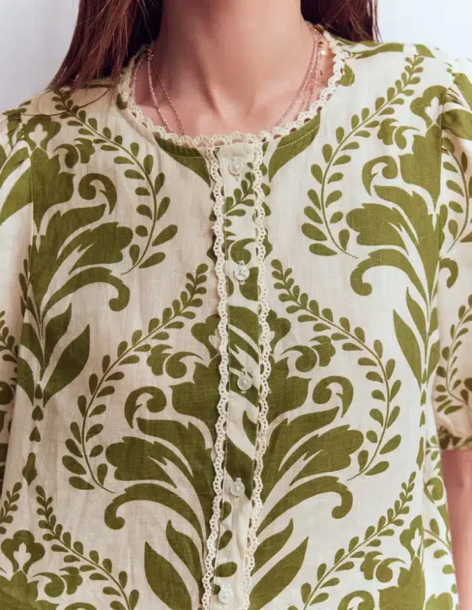 Leah Short Sleeve Linen Top Green, Decorative Lattice Leah Short Sleeve Linen Top Green, Decorative Lattice