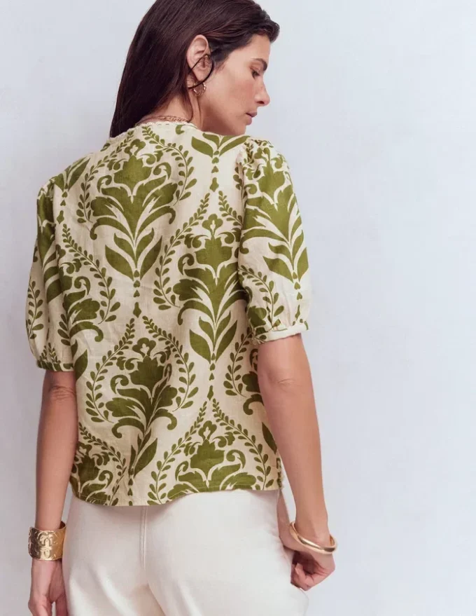 Leah Short Sleeve Linen Top Green, Decorative Lattice Leah Short Sleeve Linen Top Green, Decorative Lattice