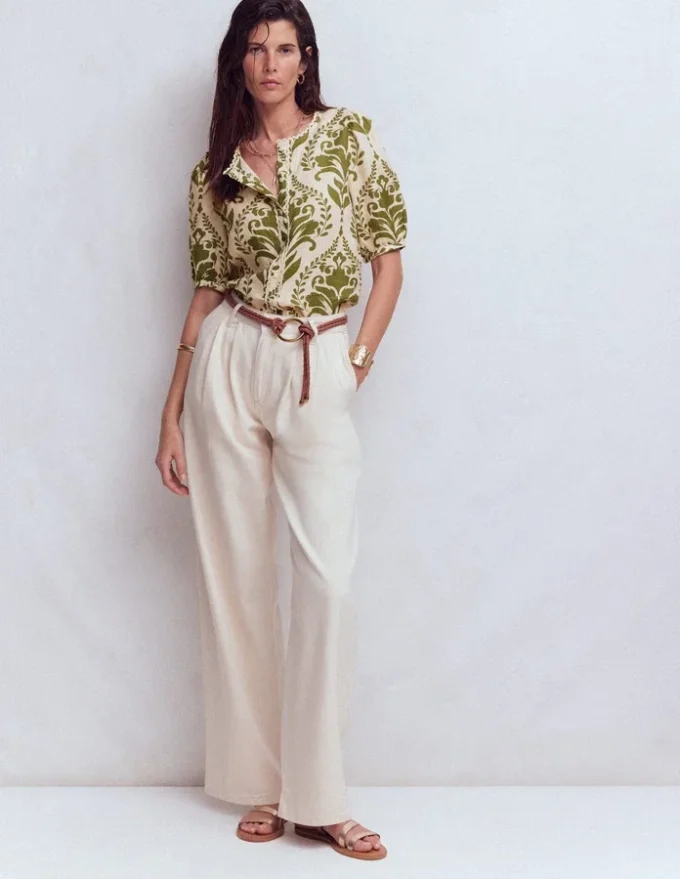 Leah Short Sleeve Linen Top Green, Decorative Lattice Leah Short Sleeve Linen Top Green, Decorative Lattice