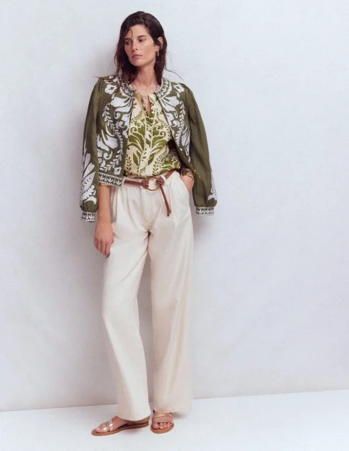 Leah Short Sleeve Linen Top Green, Decorative Lattice Leah Short Sleeve Linen Top Green, Decorative Lattice