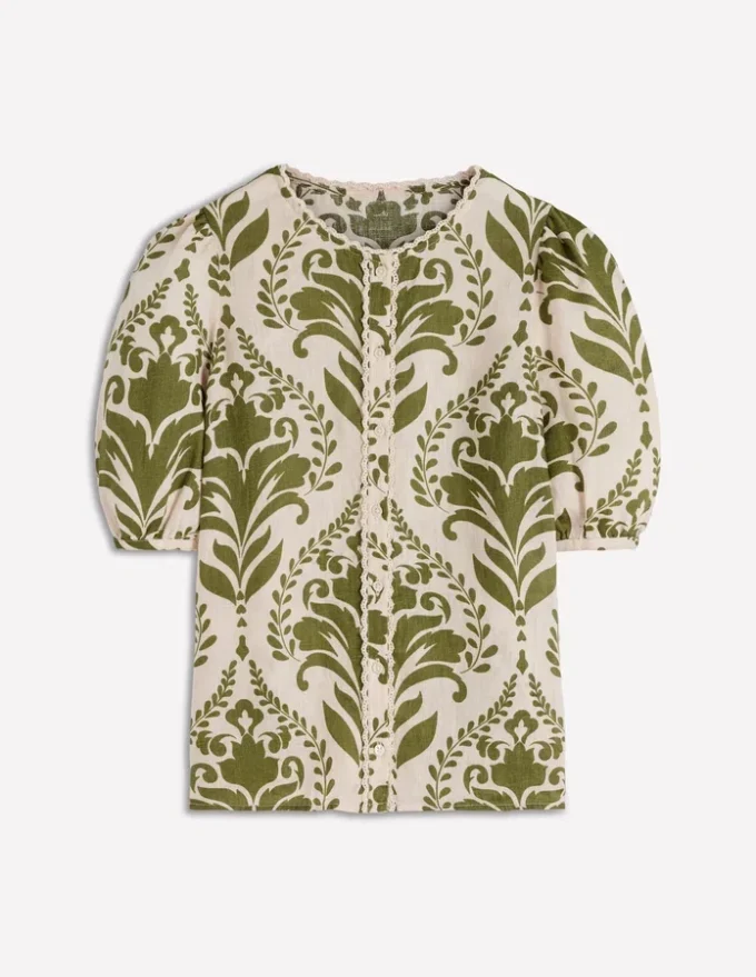 Leah Short Sleeve Linen Top Green, Decorative Lattice Leah Short Sleeve Linen Top Green, Decorative Lattice