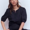 Leah Short Sleeve Linen Top Navy Leah Short Sleeve Linen Top Navy