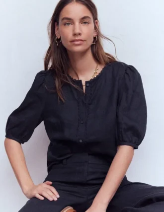 Leah Short Sleeve Linen Top Navy