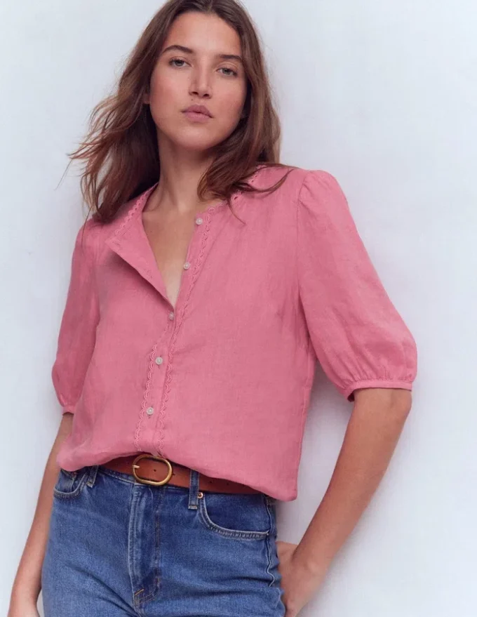 Leah Short Sleeve Linen Top Pink Parfait Leah Short Sleeve Linen Top Pink Parfait