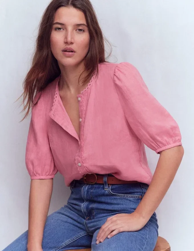 Leah Short Sleeve Linen Top Pink Parfait Leah Short Sleeve Linen Top Pink Parfait