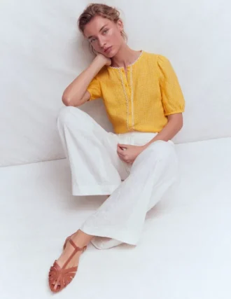 Leah Short Sleeve Linen Top Sunshine Yellow Gingham