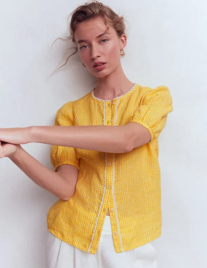 Leah Short Sleeve Linen Top Sunshine Yellow Gingham Leah Short Sleeve Linen Top Sunshine Yellow Gingham