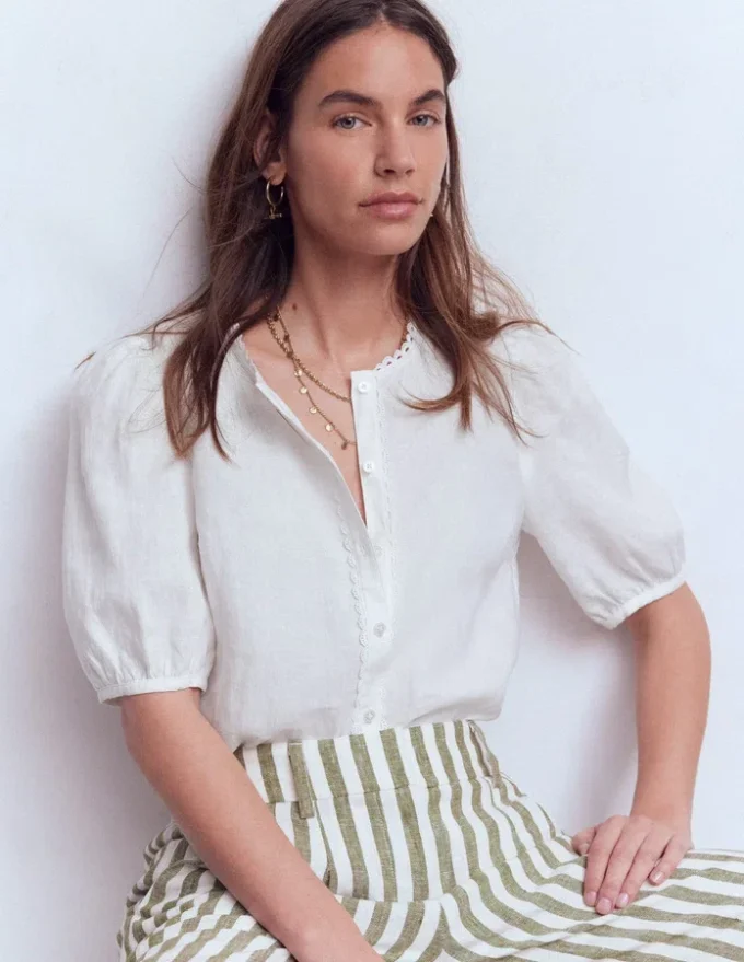 Leah Short Sleeve Linen Top White Leah Short Sleeve Linen Top White