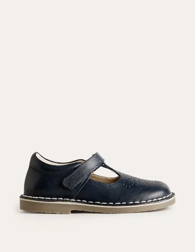 Leather T-bar Flats Navy