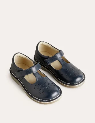 Leather T-bar Flats Navy