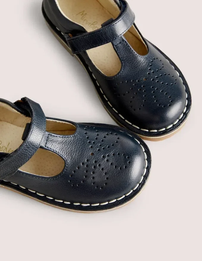 Leather T-bar Flats Navy