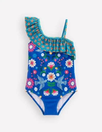 Lila One Shoulder Swimsuit Kingfisher Blue Bird Floral