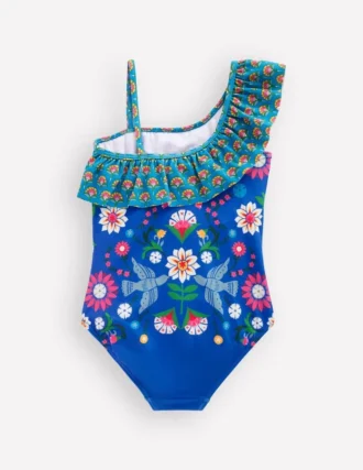 Lila One Shoulder Swimsuit Kingfisher Blue Bird Floral