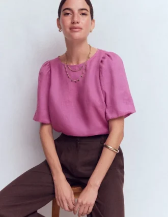 Linen Puff Sleeve Top Clover Purple
