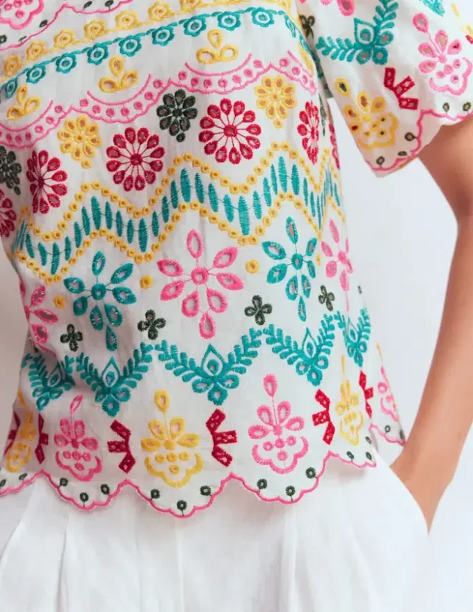 Linen Puff Sleeve Top Multi Broderie Linen Puff Sleeve Top Multi Broderie
